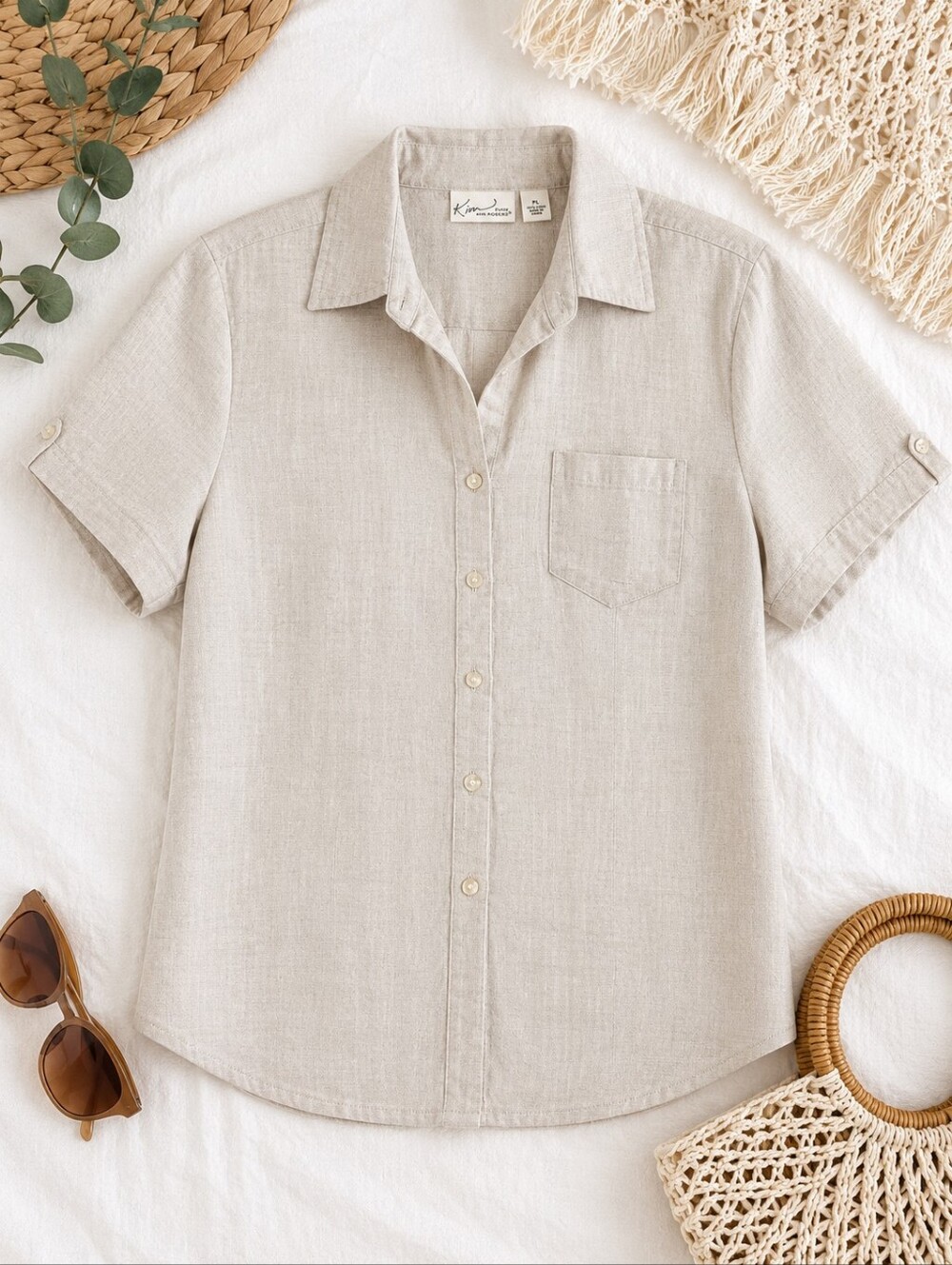 Kim Rogers Petite 100% Linen Button Front Shirt Beige PL